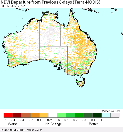 Australia NDVI Departure from Previous 8-days (Terra-MODIS) Thematic Map For 7/12/2022 - 7/19/2022
