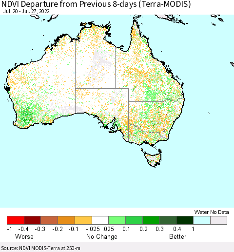 Australia NDVI Departure from Previous 8-days (Terra-MODIS) Thematic Map For 7/20/2022 - 7/27/2022
