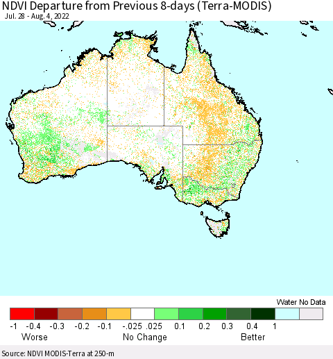 Australia NDVI Departure from Previous 8-days (Terra-MODIS) Thematic Map For 7/28/2022 - 8/4/2022