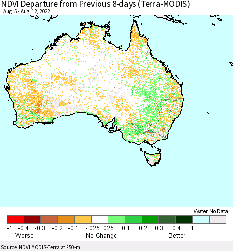 Australia NDVI Departure from Previous 8-days (Terra-MODIS) Thematic Map For 8/5/2022 - 8/12/2022