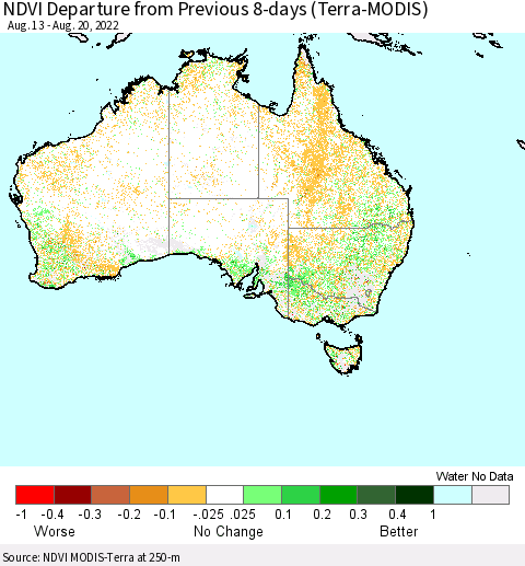 Australia NDVI Departure from Previous 8-days (Terra-MODIS) Thematic Map For 8/13/2022 - 8/20/2022
