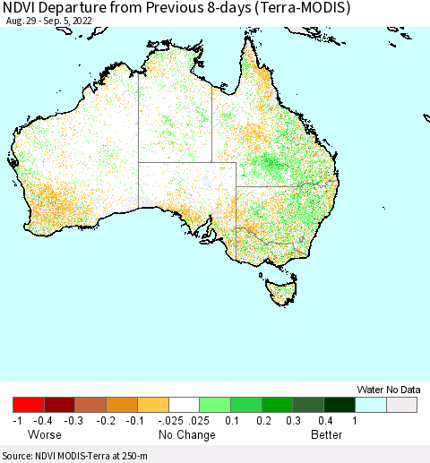 Australia NDVI Departure from Previous 8-days (Terra-MODIS) Thematic Map For 8/29/2022 - 9/5/2022