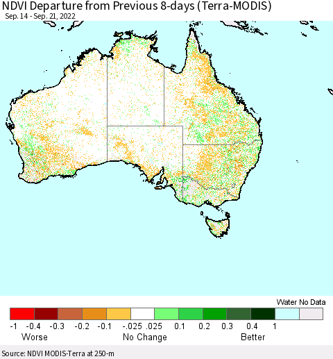 Australia NDVI Departure from Previous 8-days (Terra-MODIS) Thematic Map For 9/14/2022 - 9/21/2022