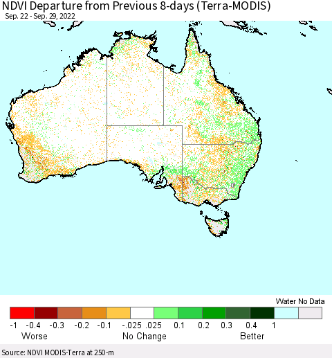 Australia NDVI Departure from Previous 8-days (Terra-MODIS) Thematic Map For 9/22/2022 - 9/29/2022