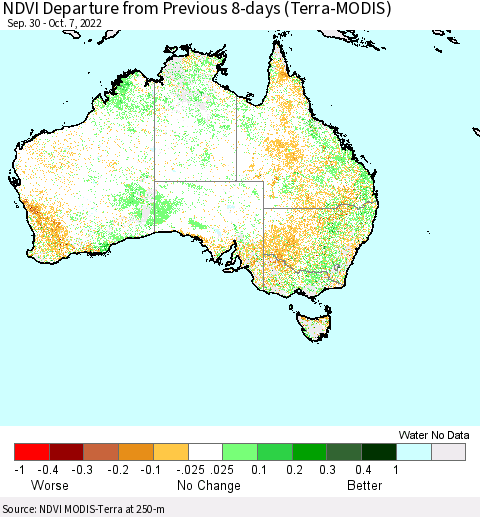 Australia NDVI Departure from Previous 8-days (Terra-MODIS) Thematic Map For 9/30/2022 - 10/7/2022