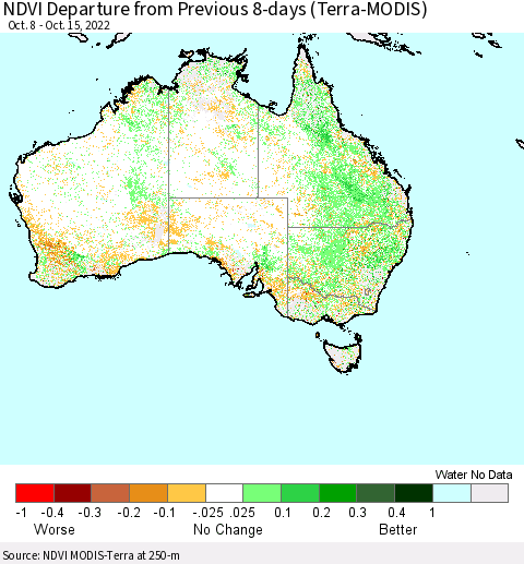 Australia NDVI Departure from Previous 8-days (Terra-MODIS) Thematic Map For 10/8/2022 - 10/15/2022