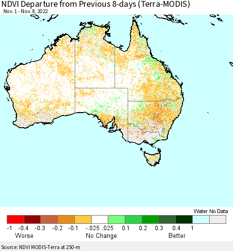 Australia NDVI Departure from Previous 8-days (Terra-MODIS) Thematic Map For 11/1/2022 - 11/8/2022