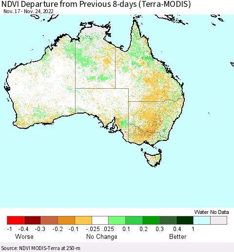 Australia NDVI Departure from Previous 8-days (Terra-MODIS) Thematic Map For 11/17/2022 - 11/24/2022