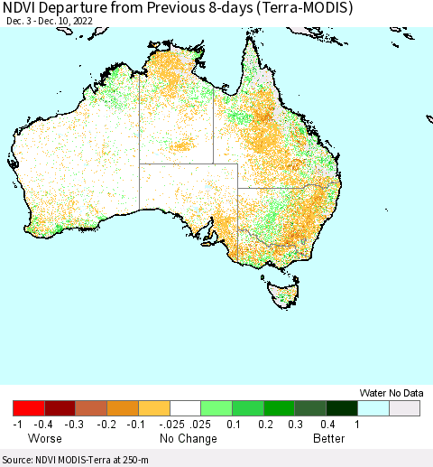 Australia NDVI Departure from Previous 8-days (Terra-MODIS) Thematic Map For 12/3/2022 - 12/10/2022