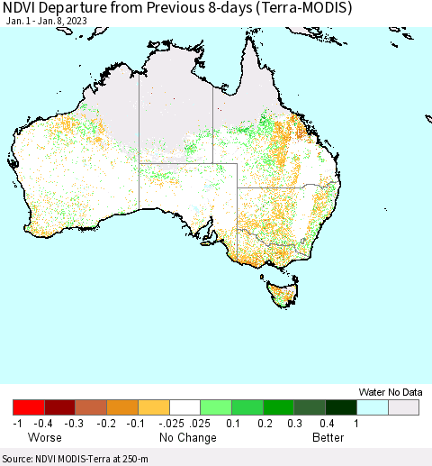 Australia NDVI Departure from Previous 8-days (Terra-MODIS) Thematic Map For 1/1/2023 - 1/8/2023