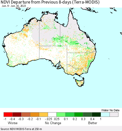 Australia NDVI Departure from Previous 8-days (Terra-MODIS) Thematic Map For 1/9/2023 - 1/16/2023