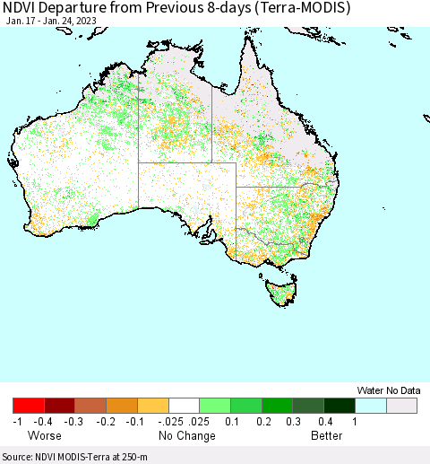 Australia NDVI Departure from Previous 8-days (Terra-MODIS) Thematic Map For 1/17/2023 - 1/24/2023
