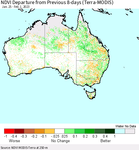 Australia NDVI Departure from Previous 8-days (Terra-MODIS) Thematic Map For 1/25/2023 - 2/1/2023
