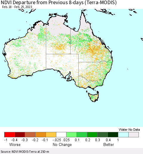 Australia NDVI Departure from Previous 8-days (Terra-MODIS) Thematic Map For 2/18/2023 - 2/25/2023
