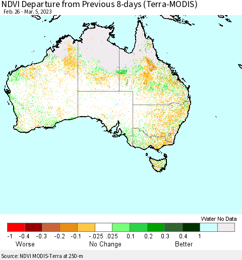 Australia NDVI Departure from Previous 8-days (Terra-MODIS) Thematic Map For 2/26/2023 - 3/5/2023