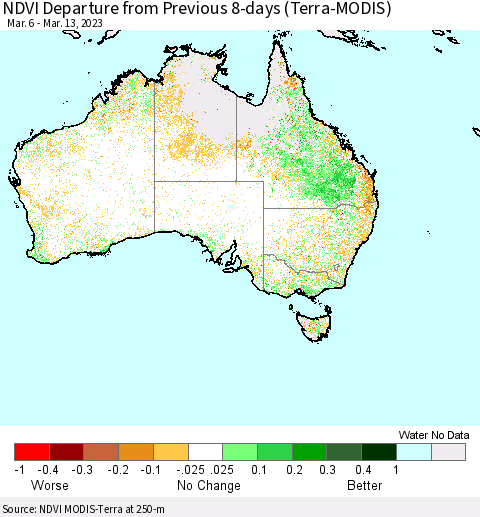 Australia NDVI Departure from Previous 8-days (Terra-MODIS) Thematic Map For 3/6/2023 - 3/13/2023