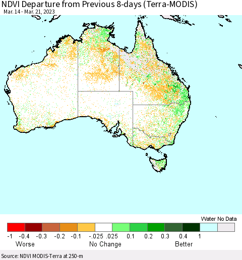 Australia NDVI Departure from Previous 8-days (Terra-MODIS) Thematic Map For 3/14/2023 - 3/21/2023