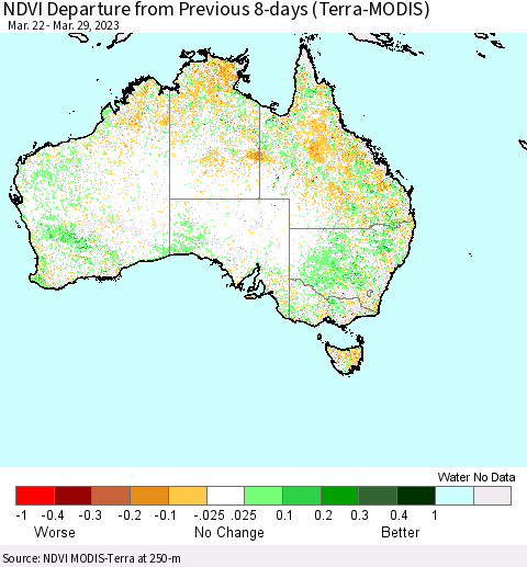 Australia NDVI Departure from Previous 8-days (Terra-MODIS) Thematic Map For 3/22/2023 - 3/29/2023