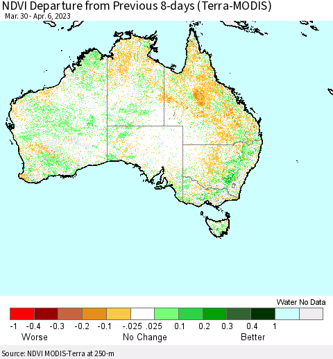 Australia NDVI Departure from Previous 8-days (Terra-MODIS) Thematic Map For 3/30/2023 - 4/6/2023