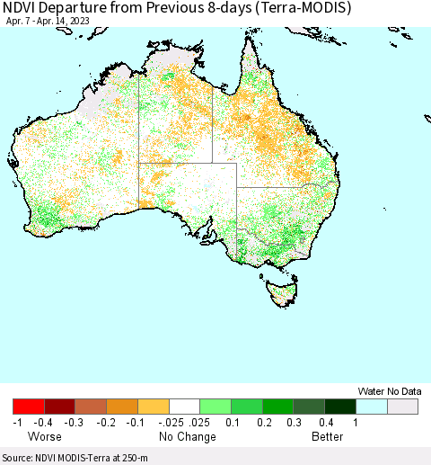 Australia NDVI Departure from Previous 8-days (Terra-MODIS) Thematic Map For 4/7/2023 - 4/14/2023
