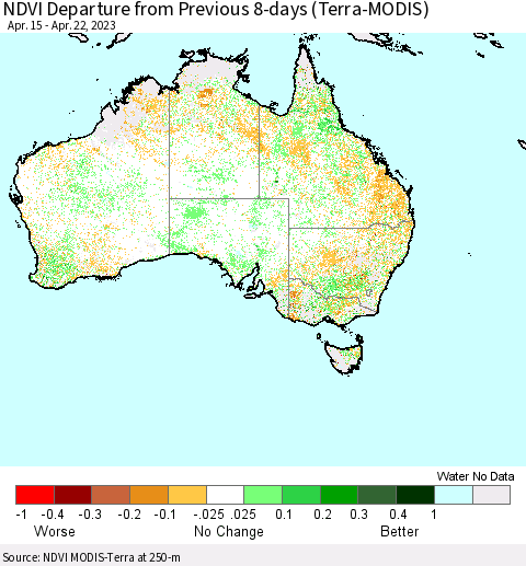 Australia NDVI Departure from Previous 8-days (Terra-MODIS) Thematic Map For 4/15/2023 - 4/22/2023