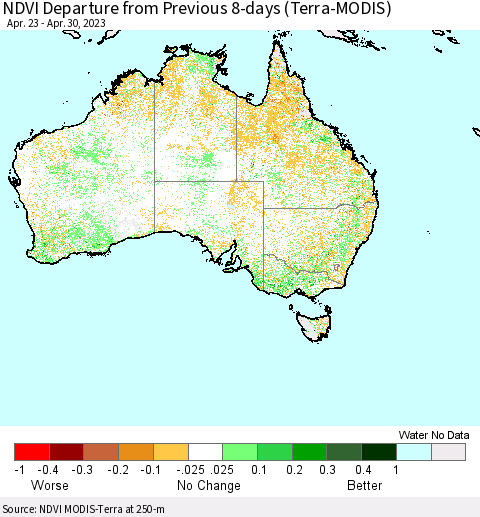 Australia NDVI Departure from Previous 8-days (Terra-MODIS) Thematic Map For 4/23/2023 - 4/30/2023