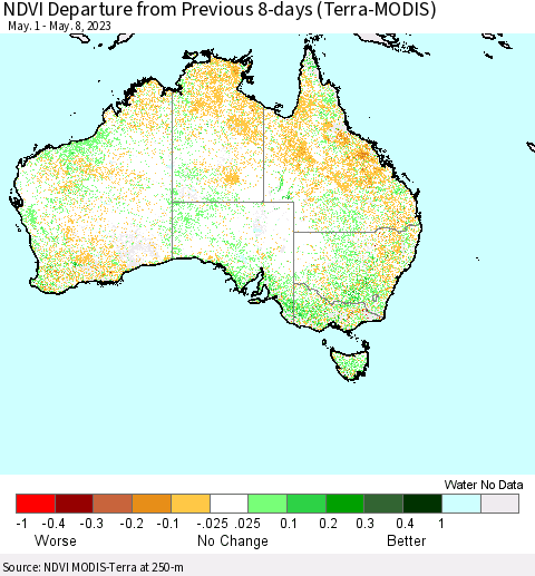 Australia NDVI Departure from Previous 8-days (Terra-MODIS) Thematic Map For 5/1/2023 - 5/8/2023