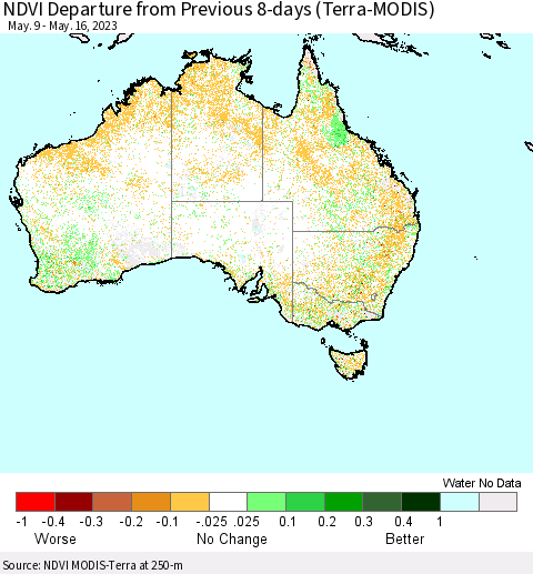 Australia NDVI Departure from Previous 8-days (Terra-MODIS) Thematic Map For 5/9/2023 - 5/16/2023