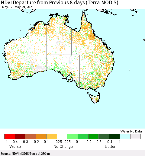 Australia NDVI Departure from Previous 8-days (Terra-MODIS) Thematic Map For 5/17/2023 - 5/24/2023