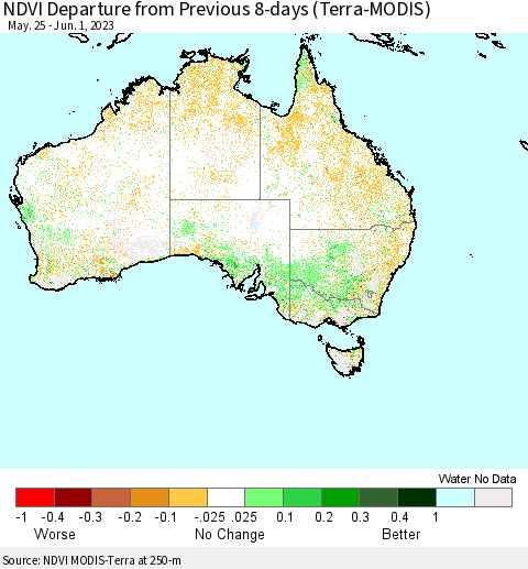 Australia NDVI Departure from Previous 8-days (Terra-MODIS) Thematic Map For 5/25/2023 - 6/1/2023