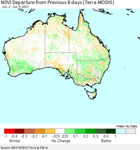 Australia NDVI Departure from Previous 8-days (Terra-MODIS) Thematic Map For 6/2/2023 - 6/9/2023