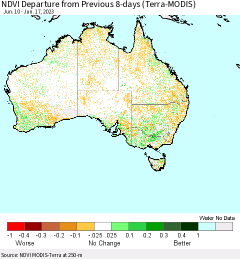 Australia NDVI Departure from Previous 8-days (Terra-MODIS) Thematic Map For 6/10/2023 - 6/17/2023