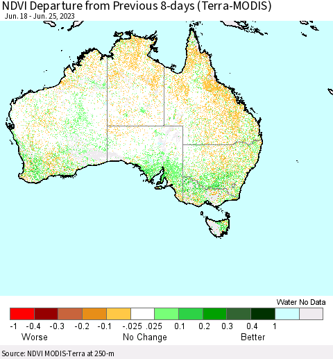 Australia NDVI Departure from Previous 8-days (Terra-MODIS) Thematic Map For 6/18/2023 - 6/25/2023