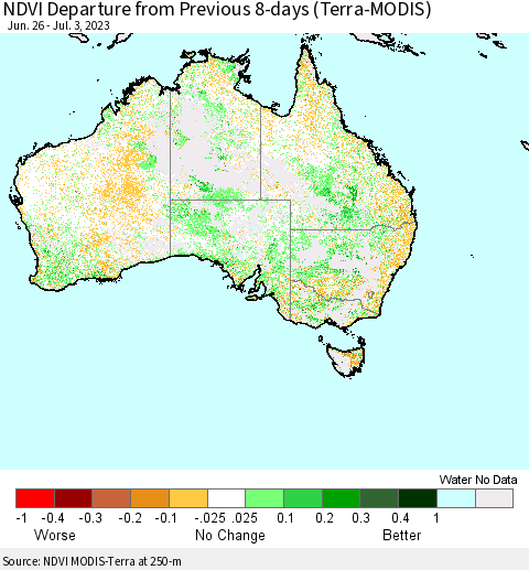 Australia NDVI Departure from Previous 8-days (Terra-MODIS) Thematic Map For 6/26/2023 - 7/3/2023