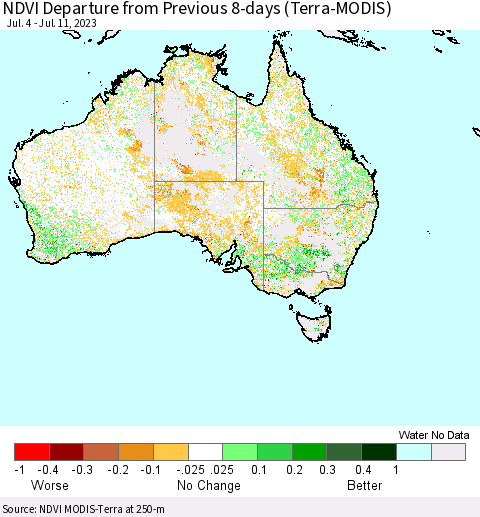 Australia NDVI Departure from Previous 8-days (Terra-MODIS) Thematic Map For 7/4/2023 - 7/11/2023