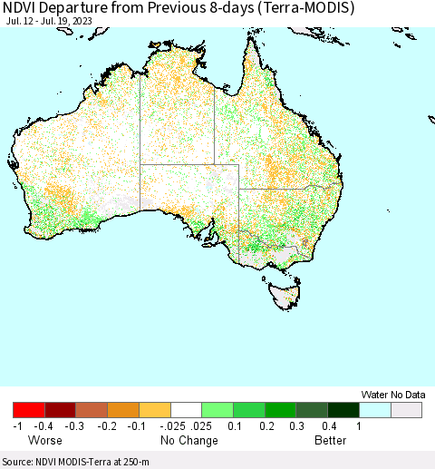 Australia NDVI Departure from Previous 8-days (Terra-MODIS) Thematic Map For 7/12/2023 - 7/19/2023