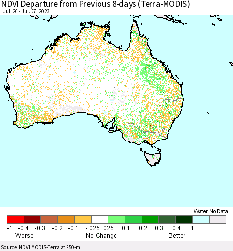Australia NDVI Departure from Previous 8-days (Terra-MODIS) Thematic Map For 7/20/2023 - 7/27/2023
