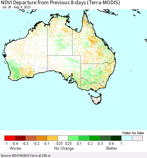 Australia NDVI Departure from Previous 8-days (Terra-MODIS) Thematic Map For 7/28/2023 - 8/4/2023