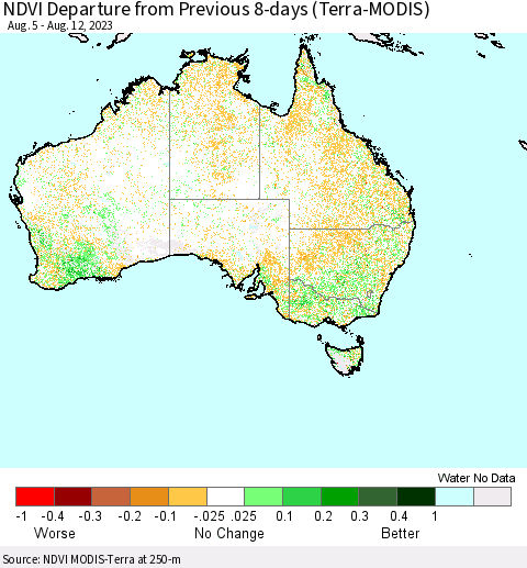 Australia NDVI Departure from Previous 8-days (Terra-MODIS) Thematic Map For 8/5/2023 - 8/12/2023
