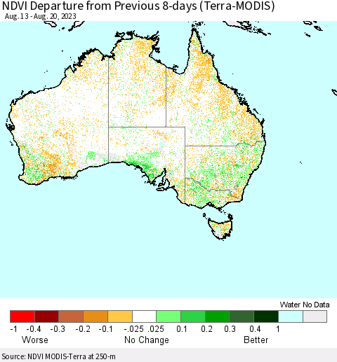 Australia NDVI Departure from Previous 8-days (Terra-MODIS) Thematic Map For 8/13/2023 - 8/20/2023