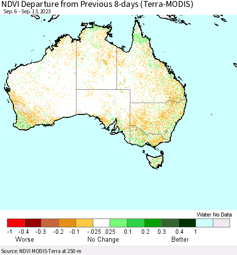 Australia NDVI Departure from Previous 8-days (Terra-MODIS) Thematic Map For 9/6/2023 - 9/13/2023
