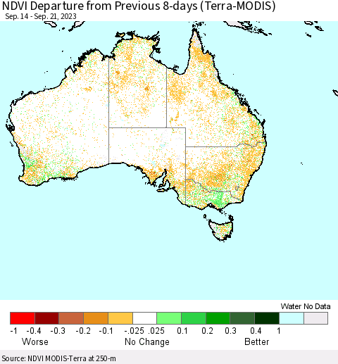 Australia NDVI Departure from Previous 8-days (Terra-MODIS) Thematic Map For 9/14/2023 - 9/21/2023