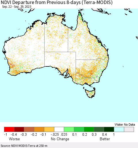 Australia NDVI Departure from Previous 8-days (Terra-MODIS) Thematic Map For 9/22/2023 - 9/29/2023