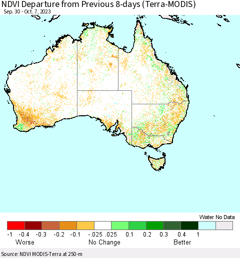 Australia NDVI Departure from Previous 8-days (Terra-MODIS) Thematic Map For 9/30/2023 - 10/7/2023