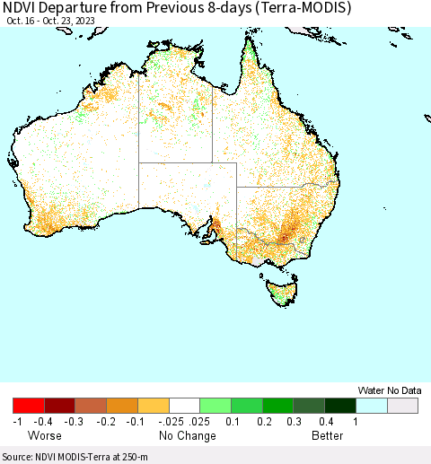 Australia NDVI Departure from Previous 8-days (Terra-MODIS) Thematic Map For 10/16/2023 - 10/23/2023