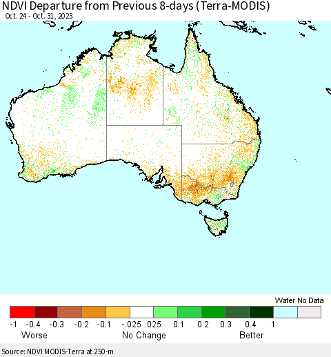 Australia NDVI Departure from Previous 8-days (Terra-MODIS) Thematic Map For 10/24/2023 - 10/31/2023