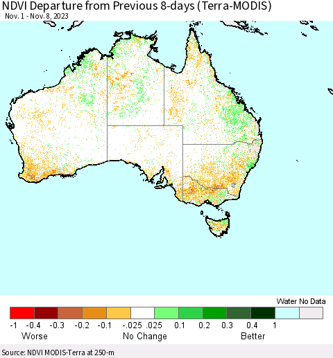 Australia NDVI Departure from Previous 8-days (Terra-MODIS) Thematic Map For 11/1/2023 - 11/8/2023
