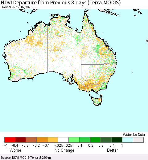 Australia NDVI Departure from Previous 8-days (Terra-MODIS) Thematic Map For 11/9/2023 - 11/16/2023