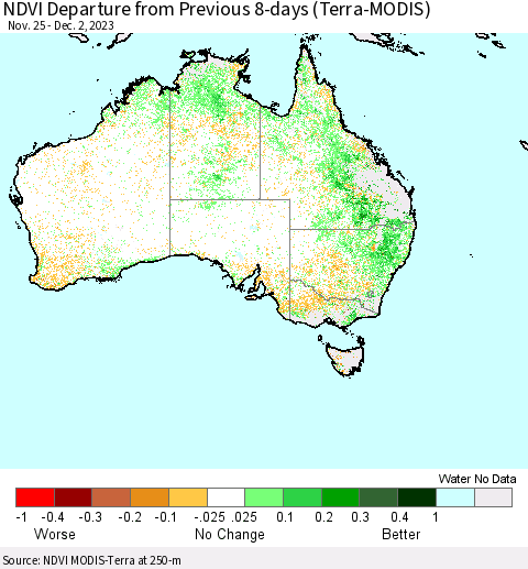 Australia NDVI Departure from Previous 8-days (Terra-MODIS) Thematic Map For 11/25/2023 - 12/2/2023