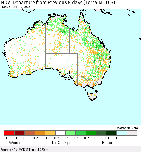 Australia NDVI Departure from Previous 8-days (Terra-MODIS) Thematic Map For 12/3/2023 - 12/10/2023